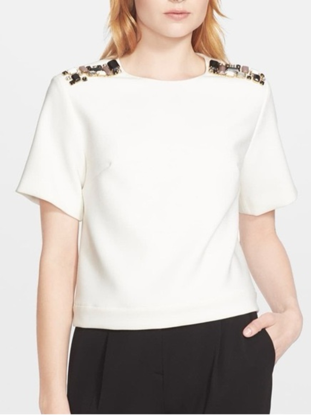 kate spade White Short-Sleeve Top with Jeweled Shoulder Details